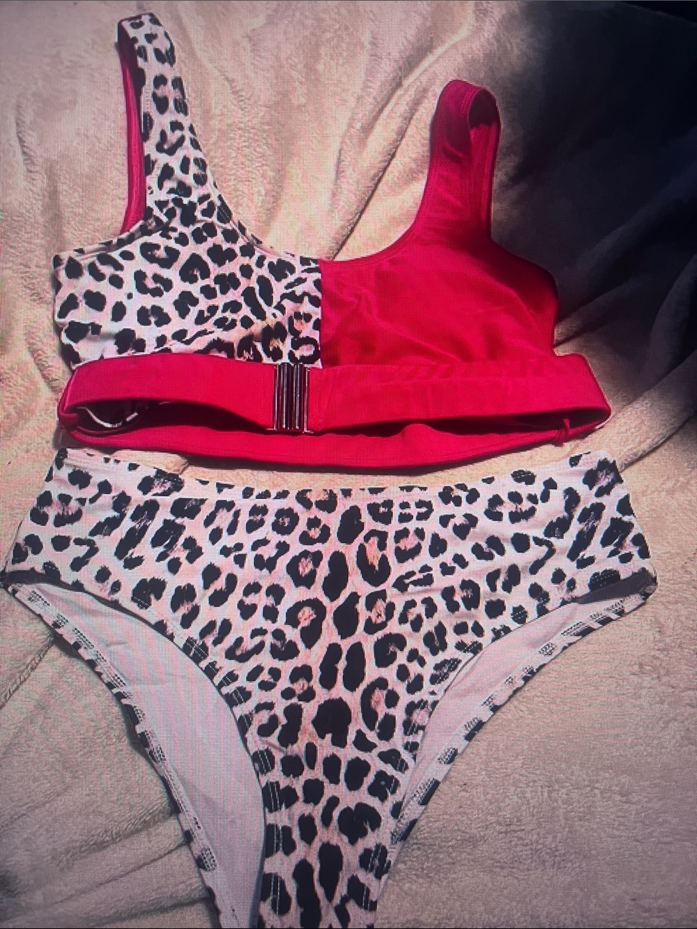 Leopard Print High-Waist Bikini Set with Red Top